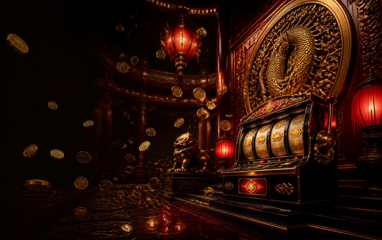 Salão de casino chinês com dragão dourado e moedas